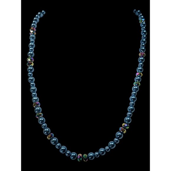 Handmade Mermaidcore Metallic Blue Faux Pearl And AB Glass Beaded Necklace - Picture 3 of 6